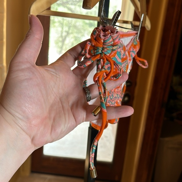 Billabong Low Rise Orange Pink Blue Paisley Ruched String Bottoms Size Large - Picture 3 of 5